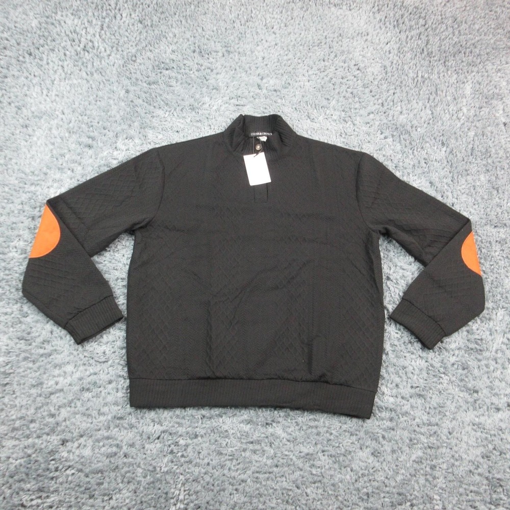 Cross & Crown Sweater Mens XL Black Quilted Mock Neck Henley Elbow Patch NWT